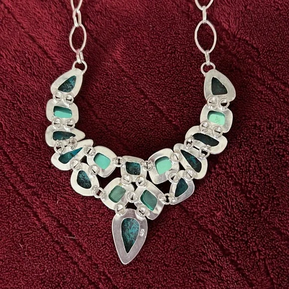 Sterling silver hand made turquoise gemstone bib necklace - Picture 3 of 4
